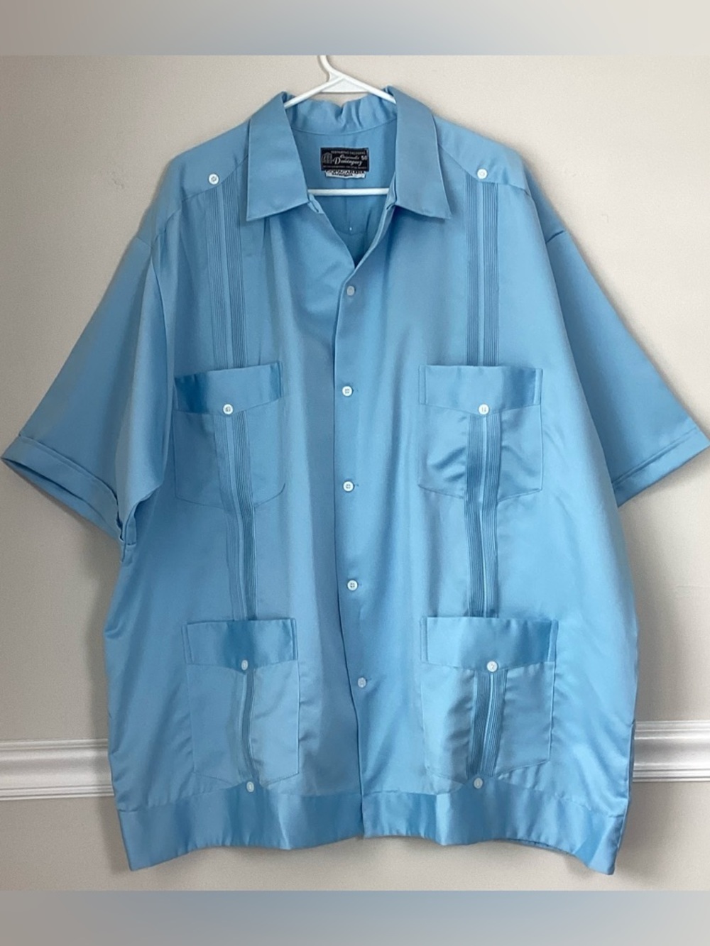 Vintage Sky Blue Guayabera by Dominguez Copacabana Satin Mexico Size 50 US XXXL
